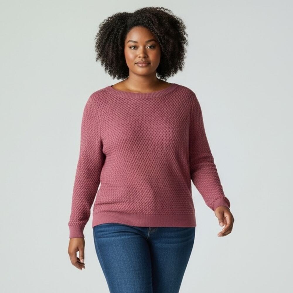 L.L.BEAN Women's Sz 1X  Cotton Pink Rose Basketweave Knit Boatneck Sweater Sz 1X